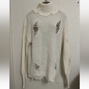 Caren Sport Womens Sweater Size 2X Cream Distressed Boho Grunge High Neck